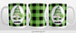 15oz mug with a green and black checkered (buffalo plaid) pattern featuring a gnome and four-leaf clover design. Image shows three views of the mug to display the entire design