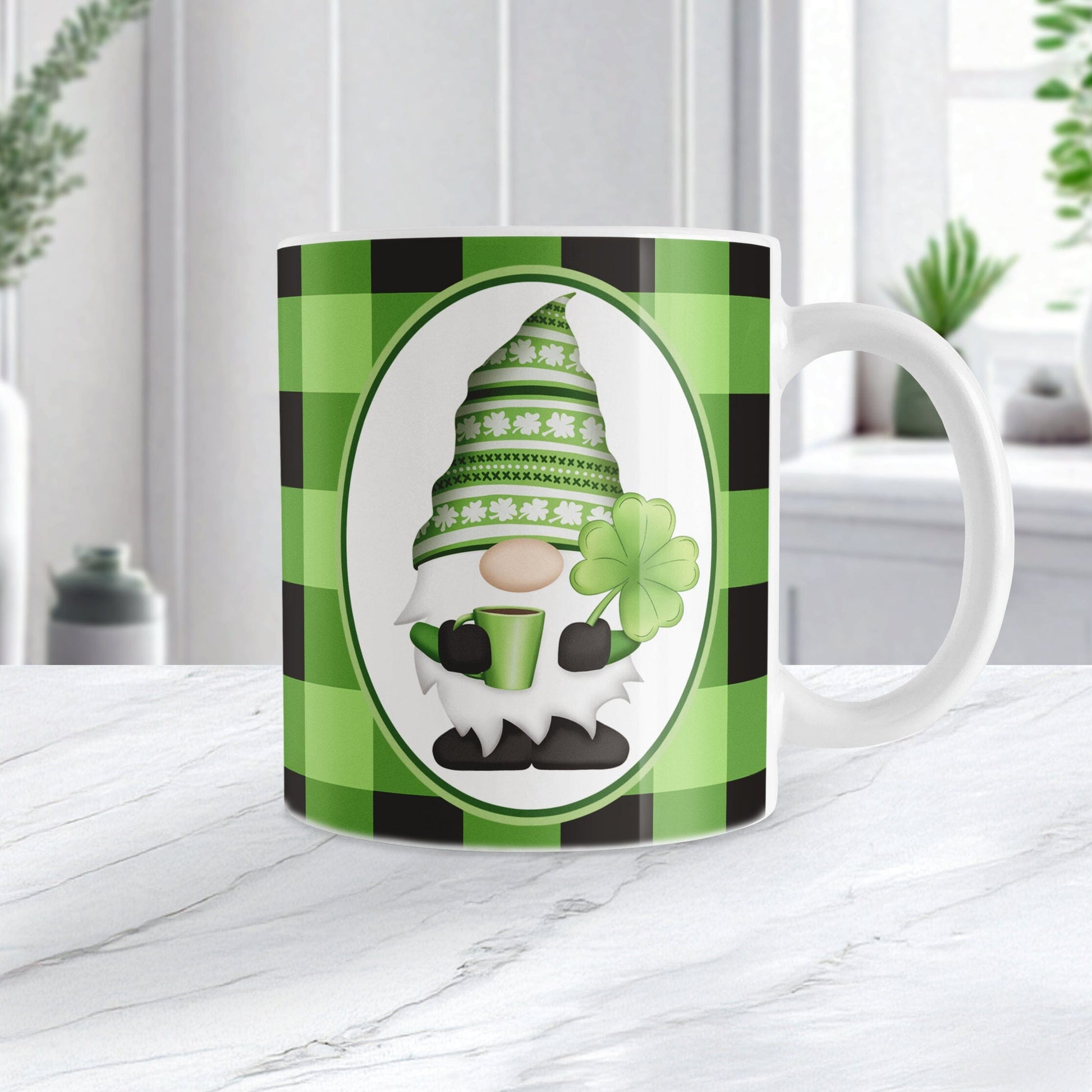 11oz mug with a green and black checkered (buffalo plaid) pattern featuring a gnome and four-leaf clover design, on a marble countertop