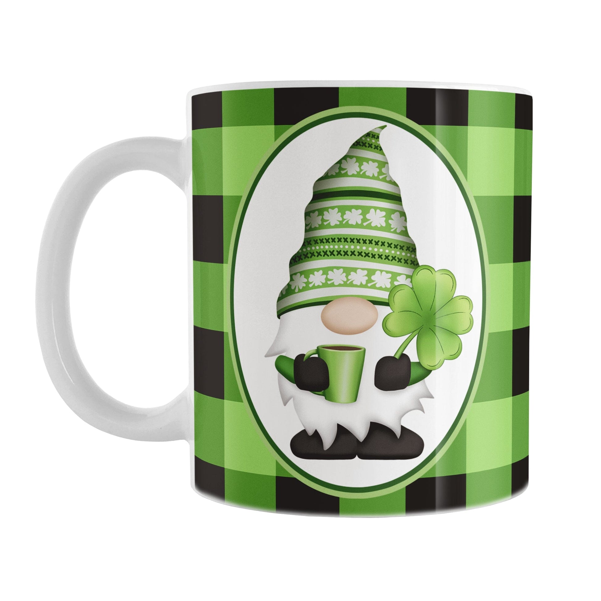 11oz mug with a green and black checkered (buffalo plaid) pattern featuring a gnome and four-leaf clover design