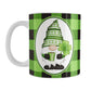 11oz mug with a green and black checkered (buffalo plaid) pattern featuring a gnome and four-leaf clover design
