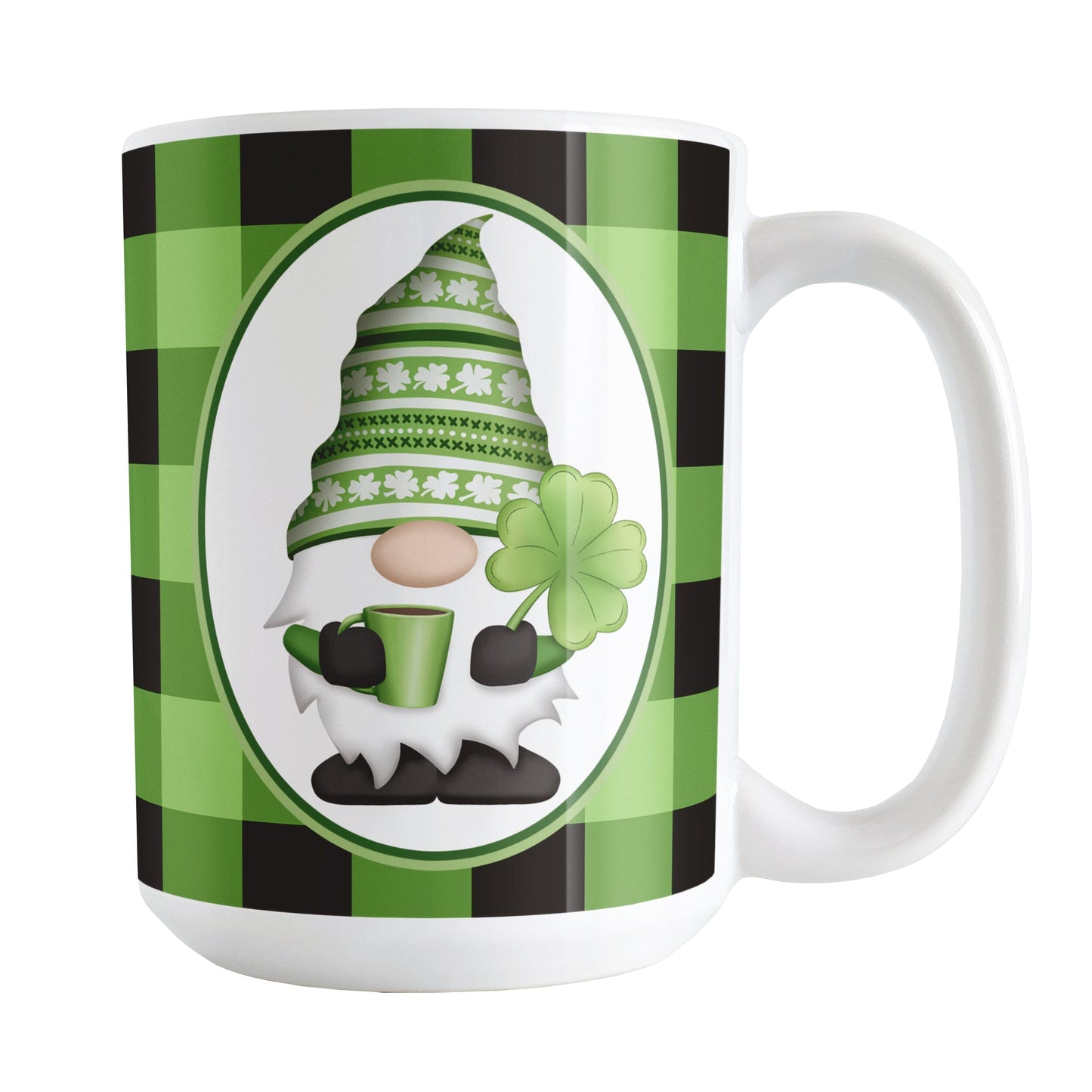 15oz mug with a green and black checkered (buffalo plaid) pattern featuring a gnome and four-leaf clover design