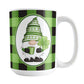 15oz mug with a green and black checkered (buffalo plaid) pattern featuring a gnome and four-leaf clover design