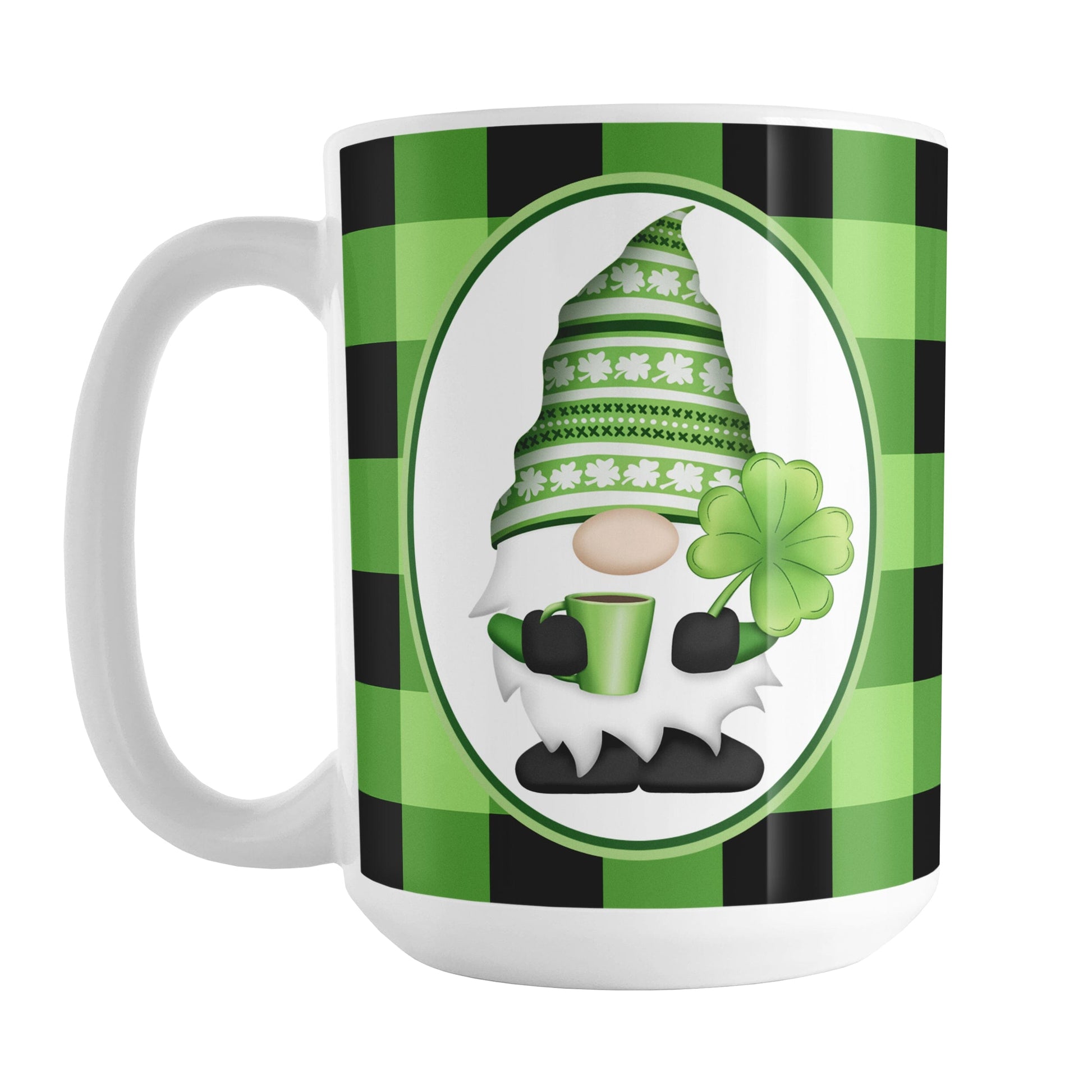 15oz mug with a green and black checkered (buffalo plaid) pattern featuring a gnome and four-leaf clover design