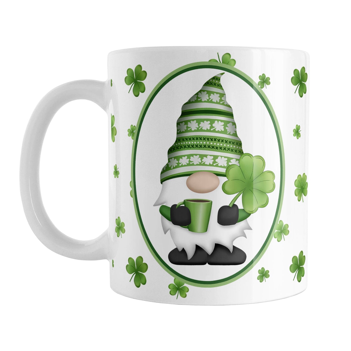 Green Gnome Dainty Shamrocks Mug (11oz) at Amy's Coffee Mugs. A ceramic coffee mug designed with an adorable green hat gnome holding a 4-leaf clover and a hot beverage in a white oval over a pattern of dainty green shamrocks in different shades of green that wrap around the mug to the handle.