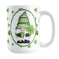 Green Gnome Dainty Shamrocks Mug (15oz) at Amy's Coffee Mugs. A ceramic coffee mug designed with an adorable green hat gnome holding a 4-leaf clover and a hot beverage in a white oval over a pattern of dainty green shamrocks in different shades of green that wrap around the mug to the handle.