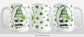 Green Gnome Dainty Shamrocks Mug (15oz) at Amy's Coffee Mugs. A ceramic coffee mug designed with an adorable green hat gnome holding a 4-leaf clover and a hot beverage in a white oval over a pattern of dainty green shamrocks in different shades of green that wrap around the mug to the handle. Photo shows three sides of the mug to show the entire printed design.