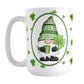 Green Gnome Dainty Shamrocks Mug (15oz) at Amy's Coffee Mugs. A ceramic coffee mug designed with an adorable green hat gnome holding a 4-leaf clover and a hot beverage in a white oval over a pattern of dainty green shamrocks in different shades of green that wrap around the mug to the handle.