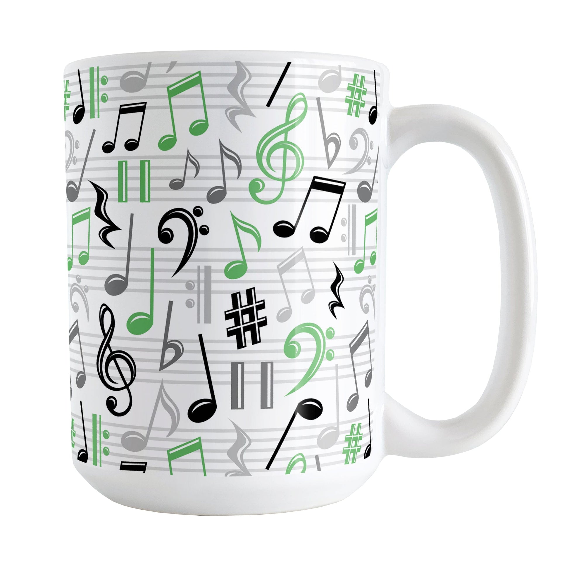 Green Music Notes Pattern Mug (15oz) at Amy's Coffee Mugs. A ceramic coffee mug designed with music notes and symbols in green, black, and gray in a pattern that wraps around the mug to the handle.