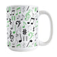 Green Music Notes Pattern Mug (15oz) at Amy's Coffee Mugs. A ceramic coffee mug designed with music notes and symbols in green, black, and gray in a pattern that wraps around the mug to the handle.