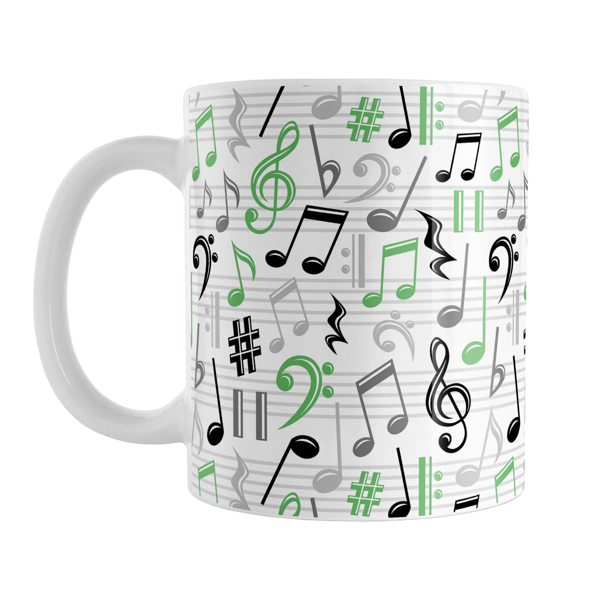Green Music Notes Pattern Mug (11oz) at Amy's Coffee Mugs. A ceramic coffee mug designed with music notes and symbols in green, black, and gray in a pattern that wraps around the mug to the handle.
