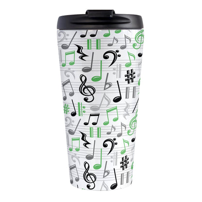 Green Music Notes Pattern Travel Mug (15oz) at Amy's Coffee Mugs. A stainless steel travel mug designed with music notes and symbols in green, black, and gray in a pattern that wraps around the travel mug.