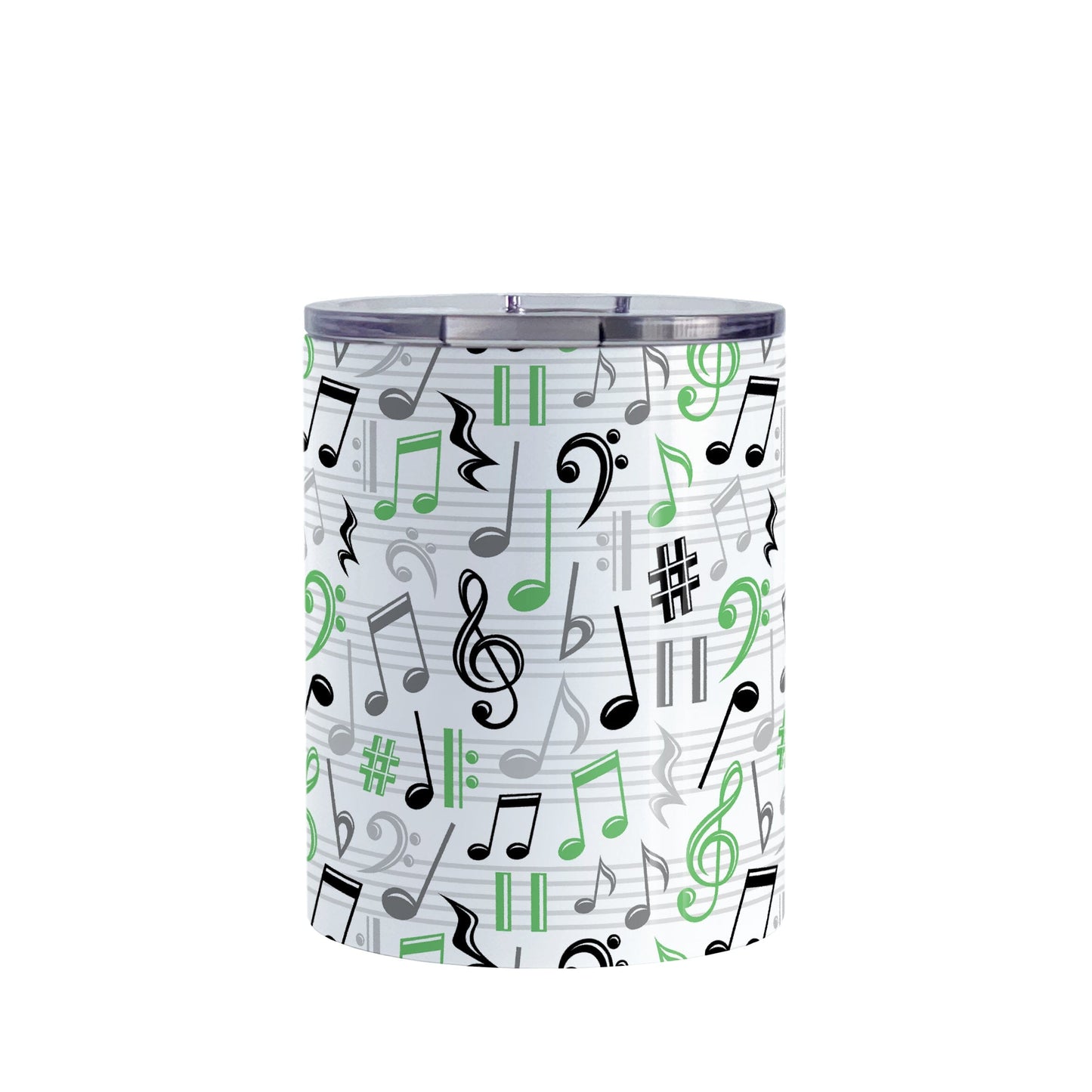 Green Music Notes Pattern Tumbler Cup (10oz) at Amy's Coffee Mugs. A stainless steel tumbler cup designed with music notes and symbols in green, black, and gray in a pattern that wraps around the cup.