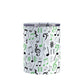 Green Music Notes Pattern Tumbler Cup (10oz) at Amy's Coffee Mugs. A stainless steel tumbler cup designed with music notes and symbols in green, black, and gray in a pattern that wraps around the cup.