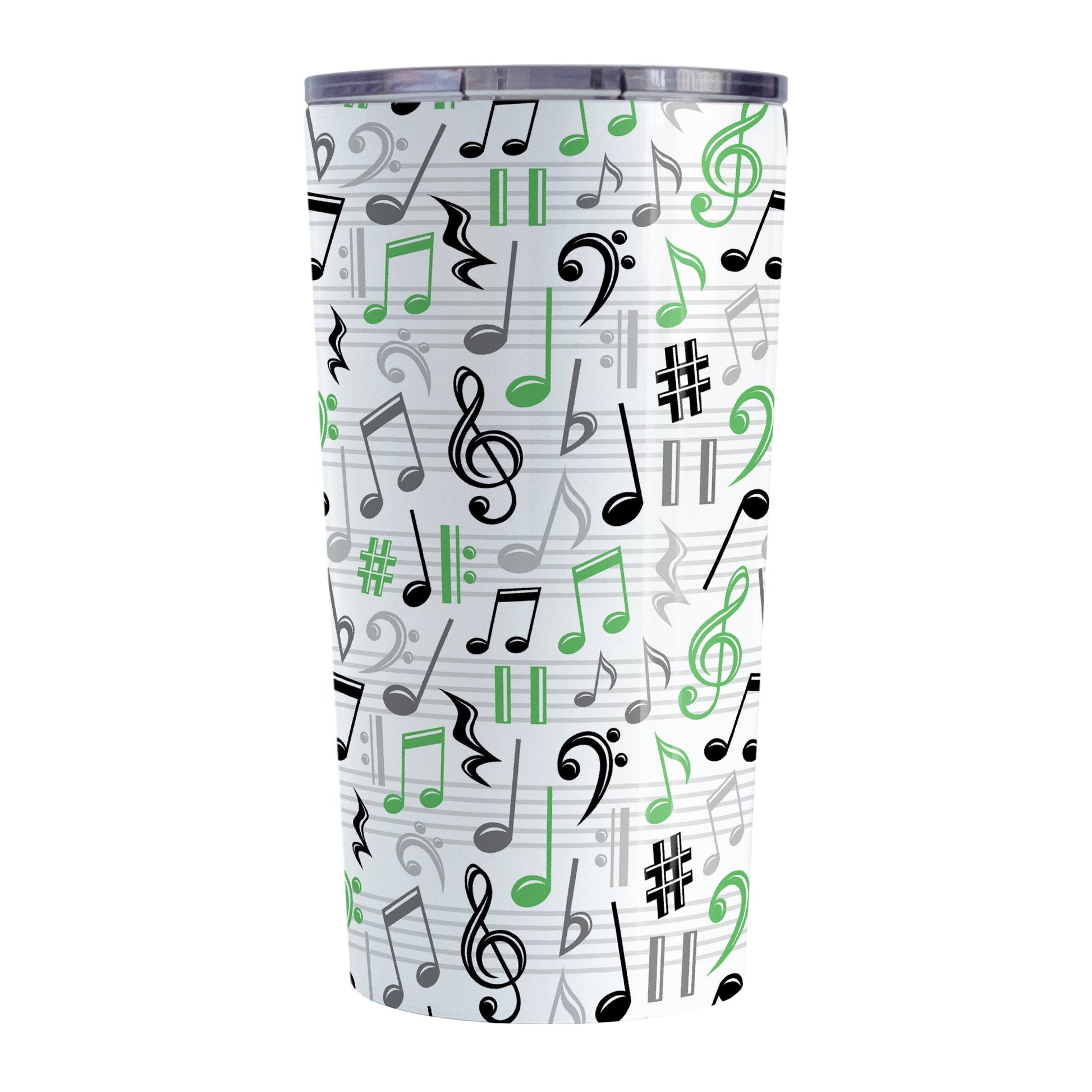 Green Music Notes Pattern Tumbler Cup (20oz) at Amy's Coffee Mugs. A stainless steel tumbler cup designed with music notes and symbols in green, black, and gray in a pattern that wraps around the cup.