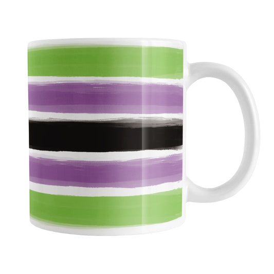 Mug with green, purple, black, and white stripes on a white background