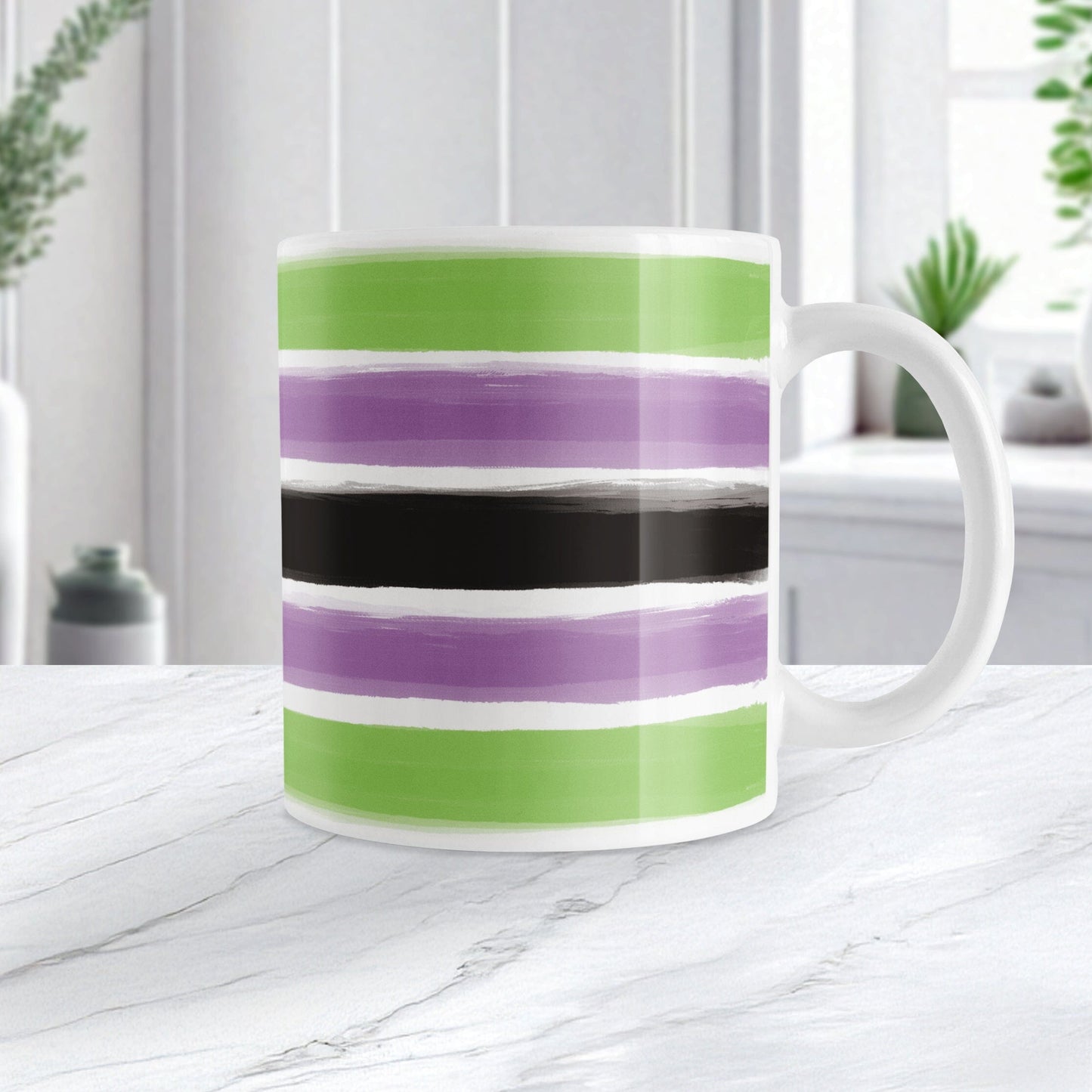 Mug with green, purple, and black stripes on a white surface.