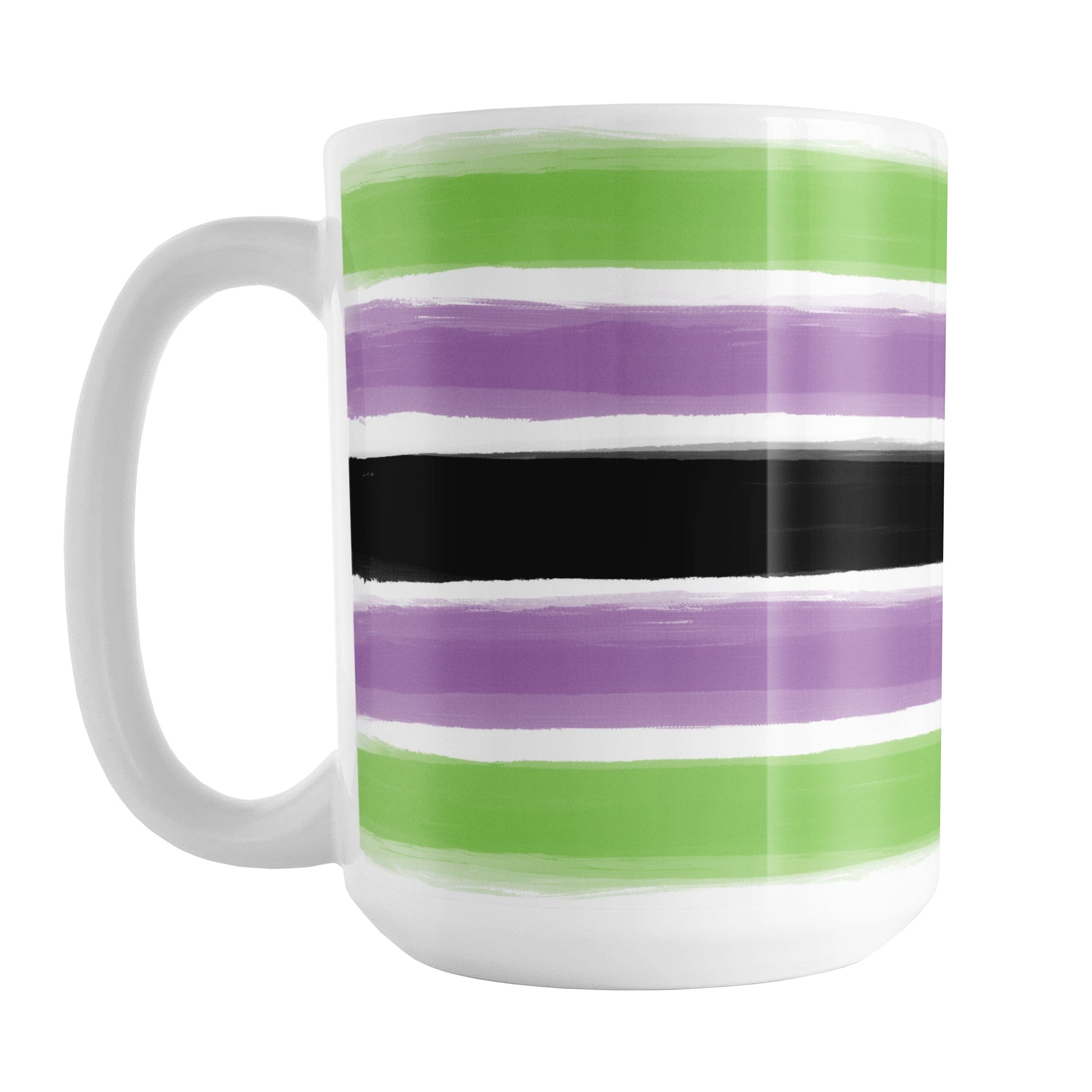 Mug with horizontal stripes in green, purple, black, and white on a white background