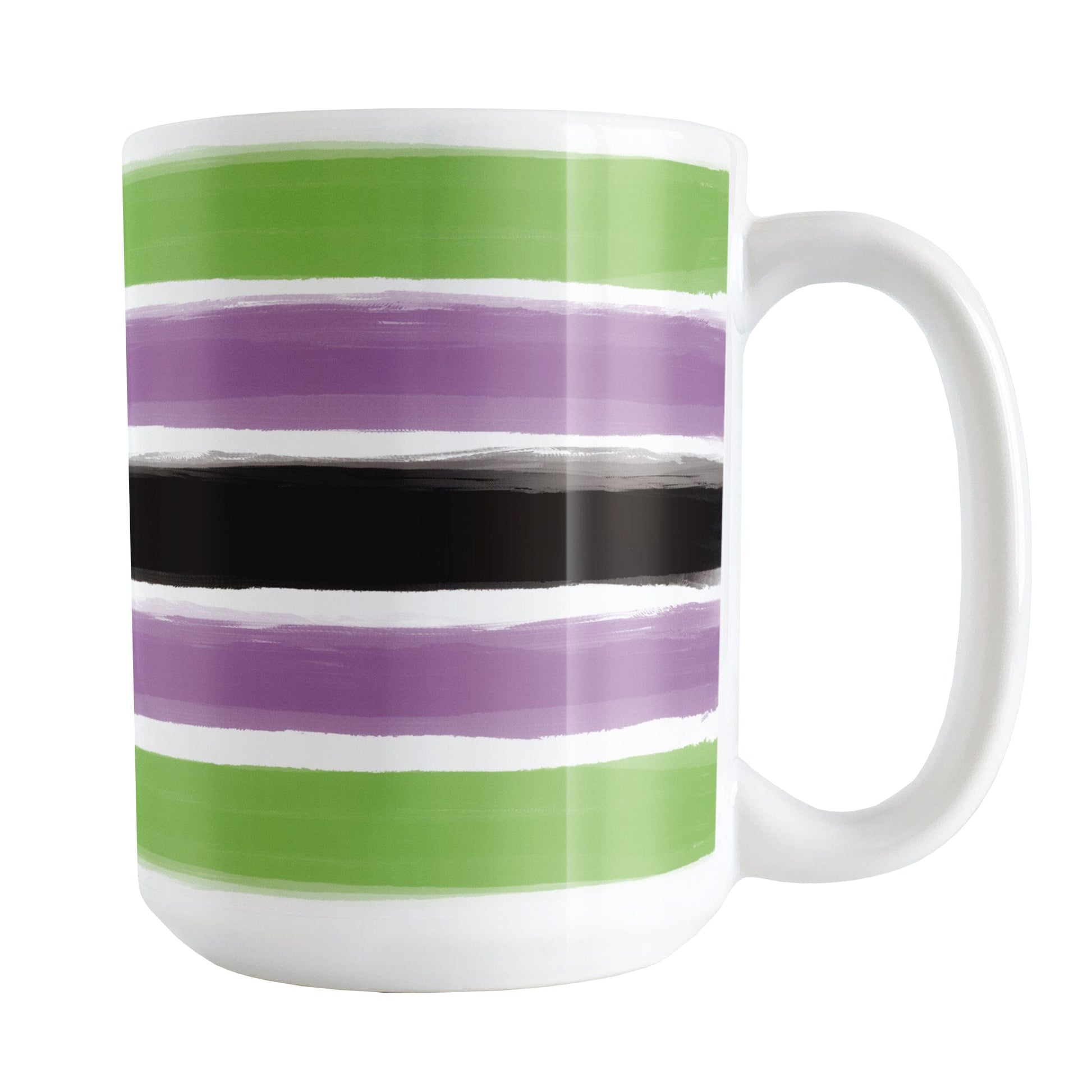 Mug with horizontal stripes in green, purple, black, and white on a white background