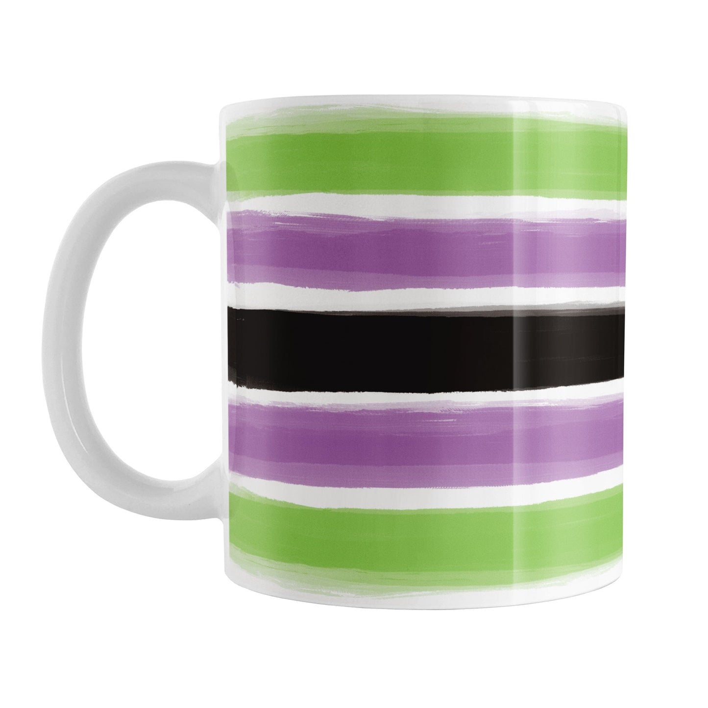 Mug with green, purple, and black horizontal stripes on a white background