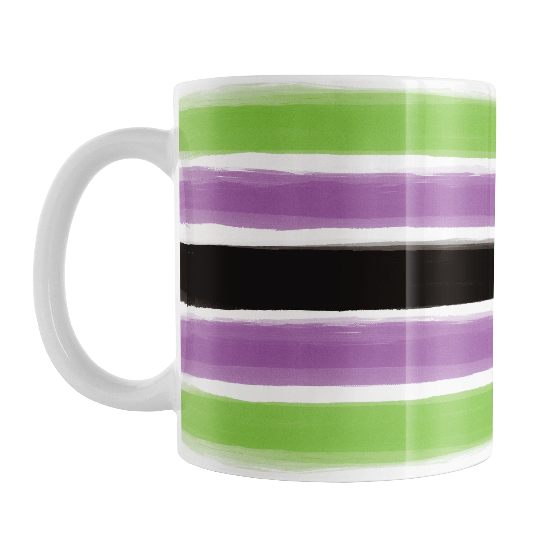 Mug with green, purple, and black horizontal stripes on a white background