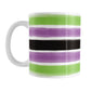 Mug with green, purple, and black horizontal stripes on a white background
