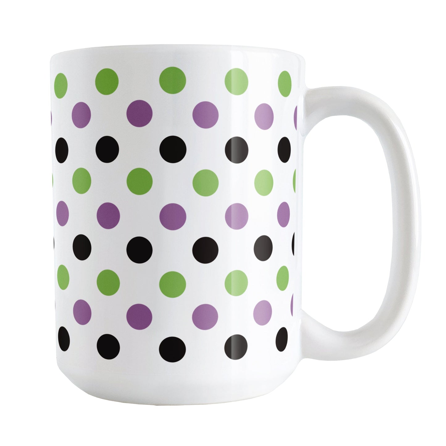 White mug with colorful polka dot pattern in green, purple, and black, on a white background