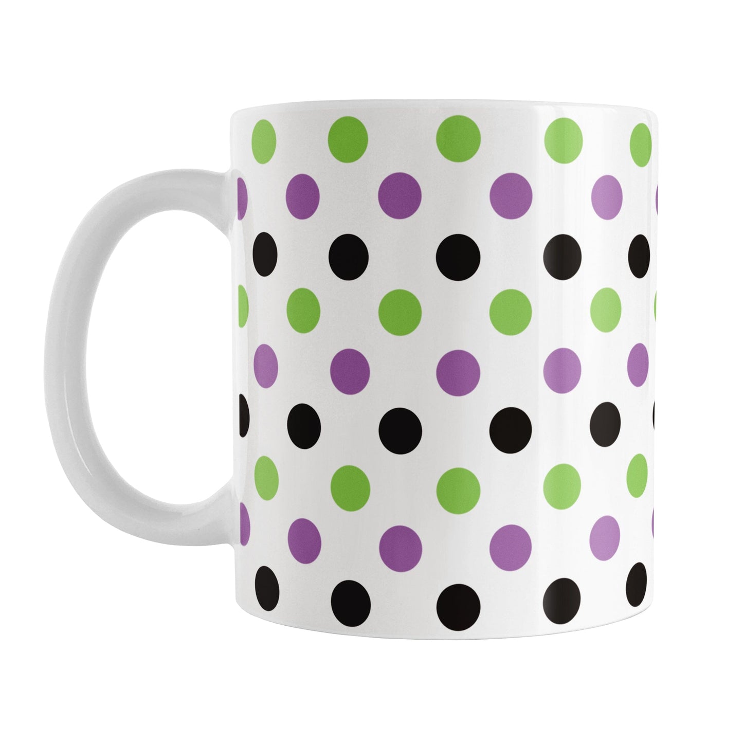 White mug with colorful polka dot pattern in green, purple, and black, on a white background