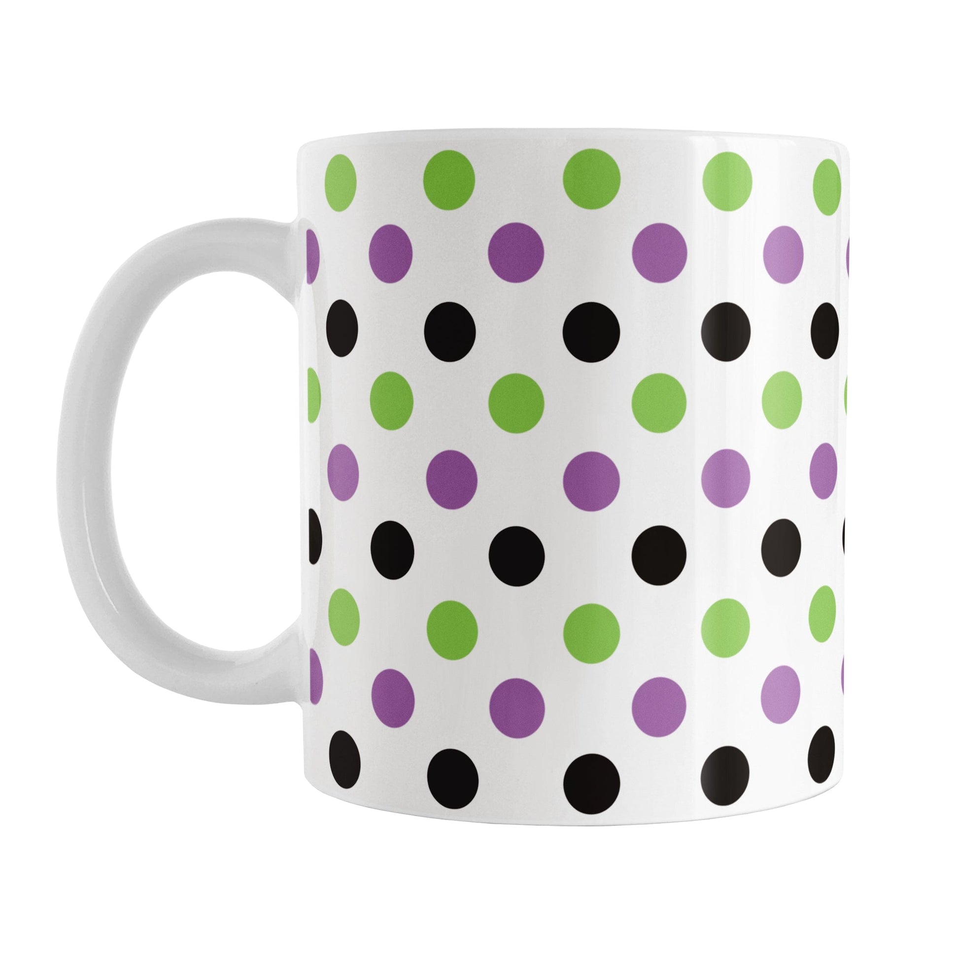 White mug with colorful polka dot pattern in green, purple, and black, on a white background