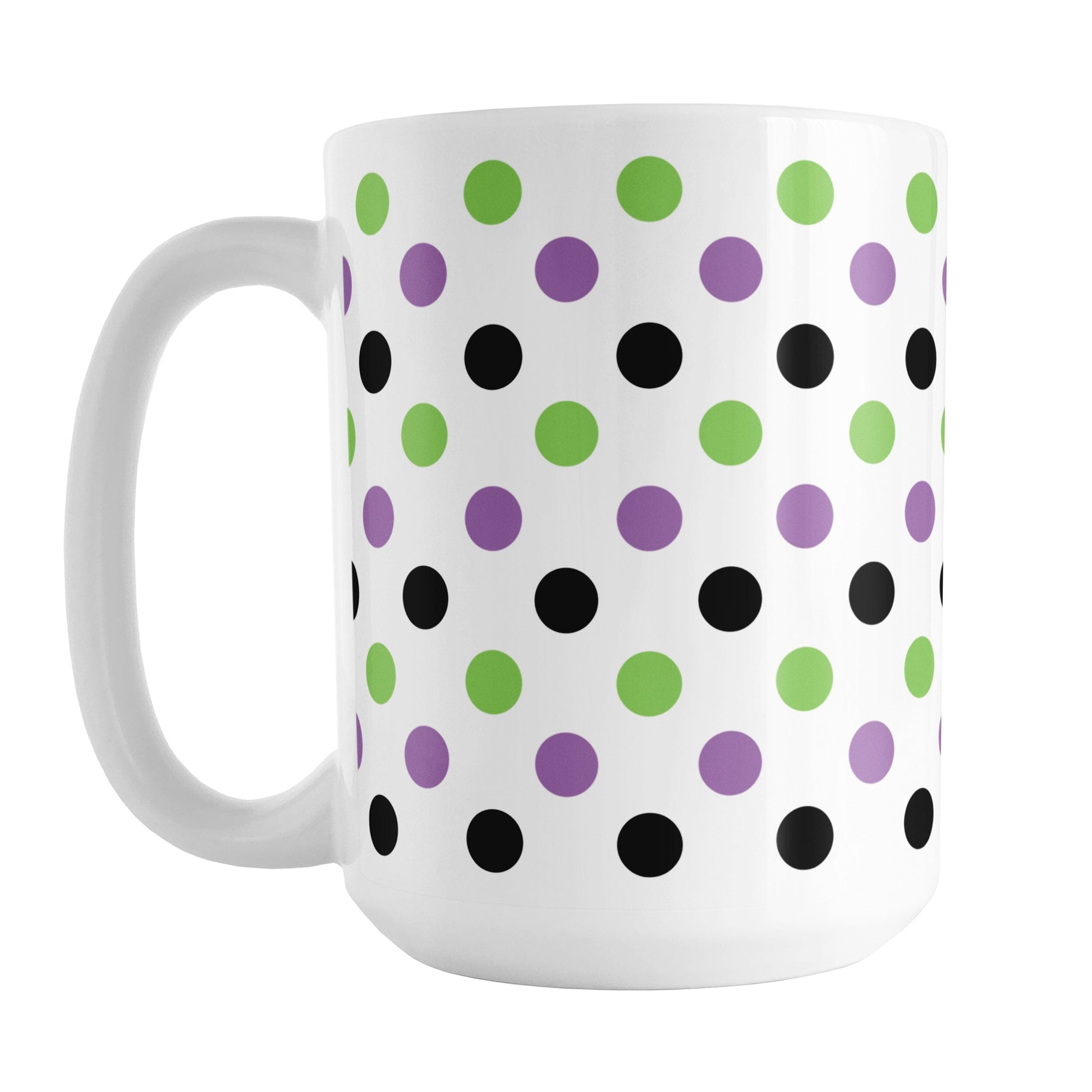 White mug with colorful polka dot pattern in green, purple, and black, on a white background