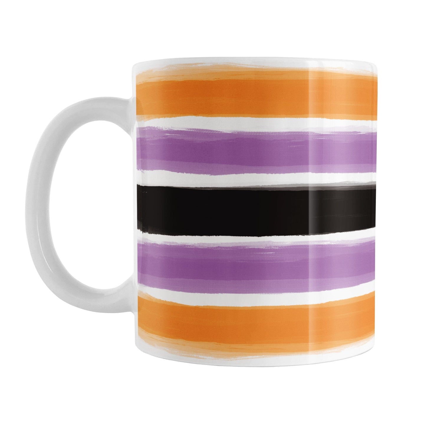 Mug with horizontal paint brush stroke stripes in orange, purple, black on white  for Halloween