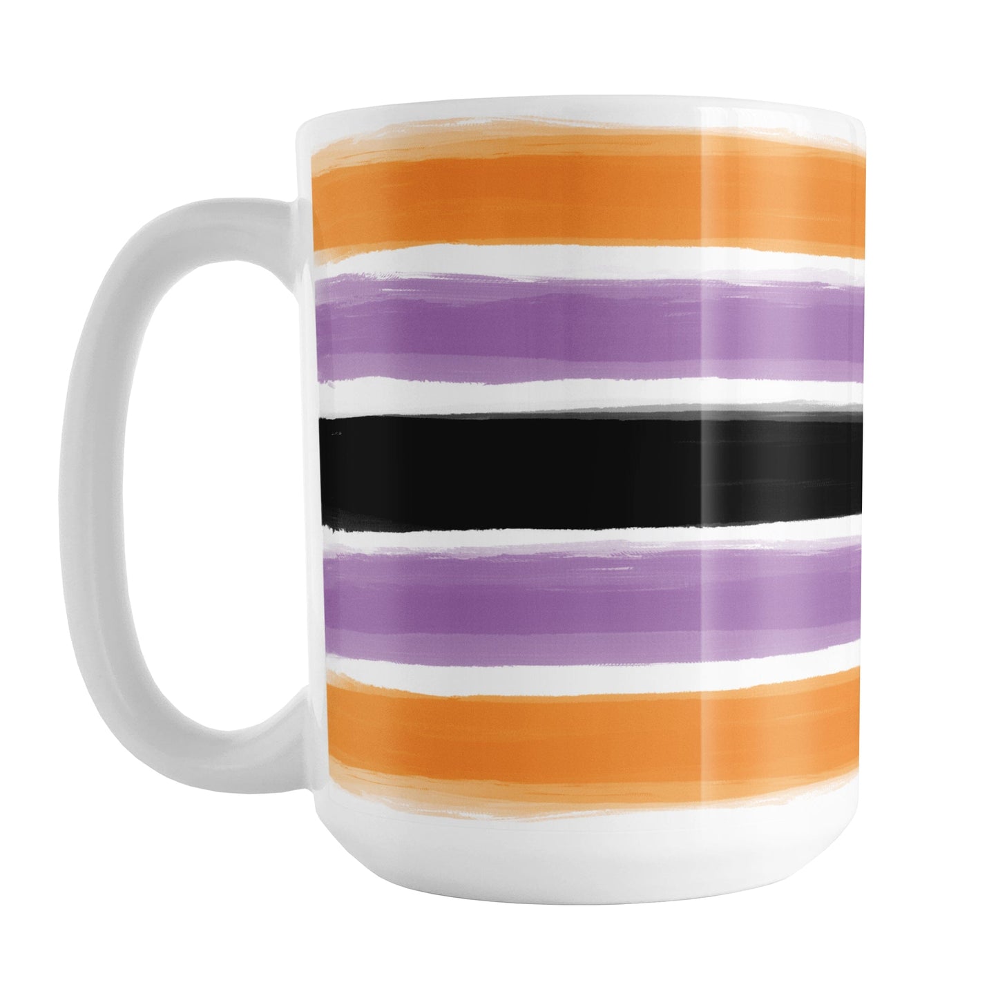Mug with horizontal paint brush stroke stripes in orange, purple, black on white  for Halloween