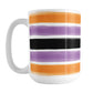 Mug with horizontal paint brush stroke stripes in orange, purple, black on white  for Halloween