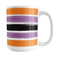Mug with horizontal paint brush stroke stripes in orange, purple, black on white  for Halloween