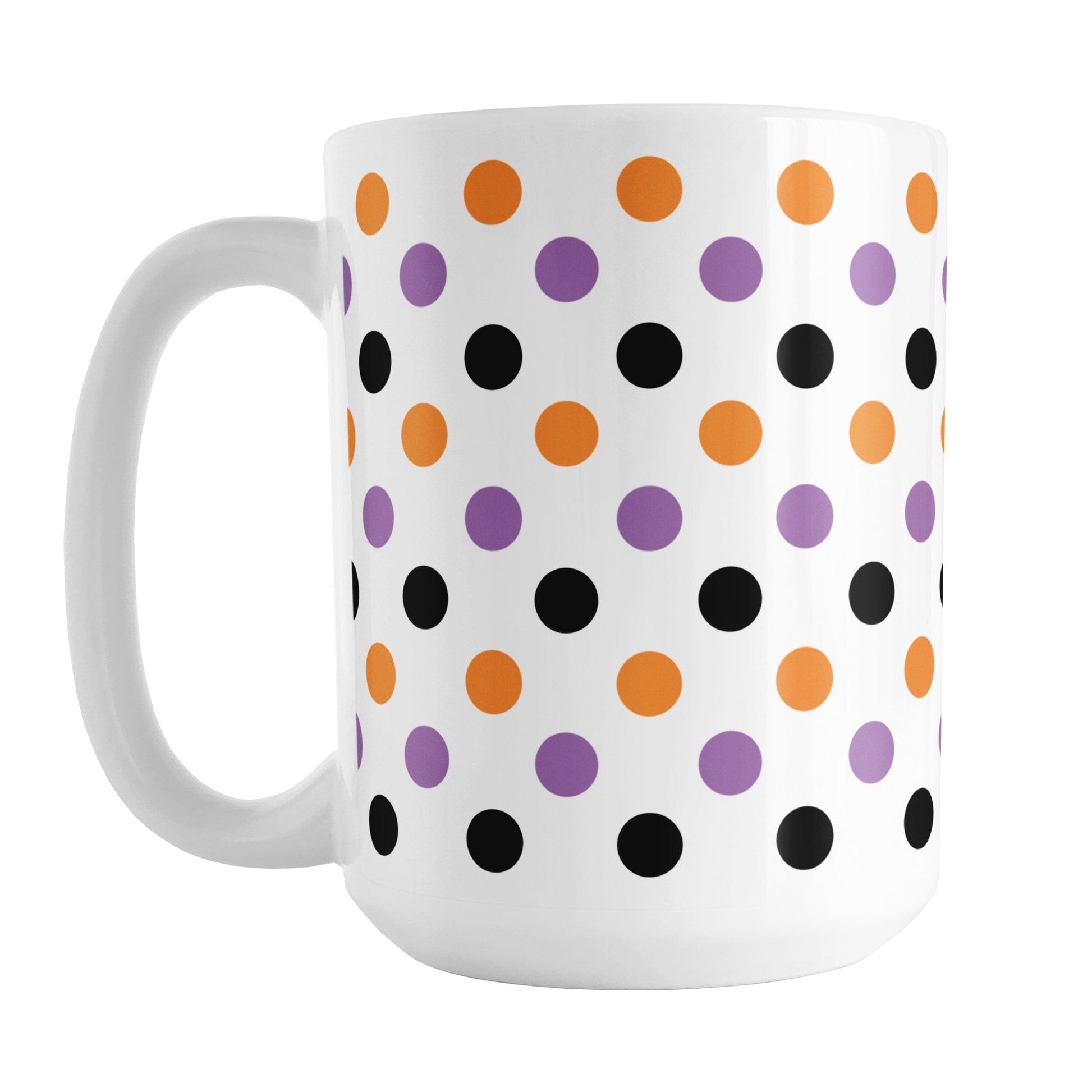 White mug with colorful polka dot pattern in orange, purple, and black, perfect for Halloween.