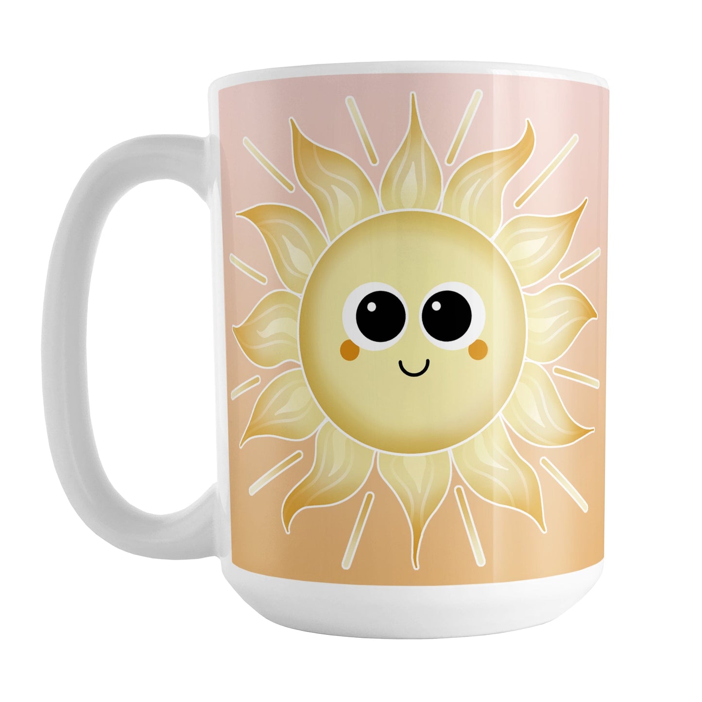 Happy Sun Sunrise Mug (15oz) at Amy's Coffee Mugs. A ceramic coffee mug designed with a cute and happy yellow smiling sun on both sides of the mug over a sunrise-inspired background with a gradient color progression from peach at the top to orange on the bottom. This warm background design wraps around the mug up to the handle. 