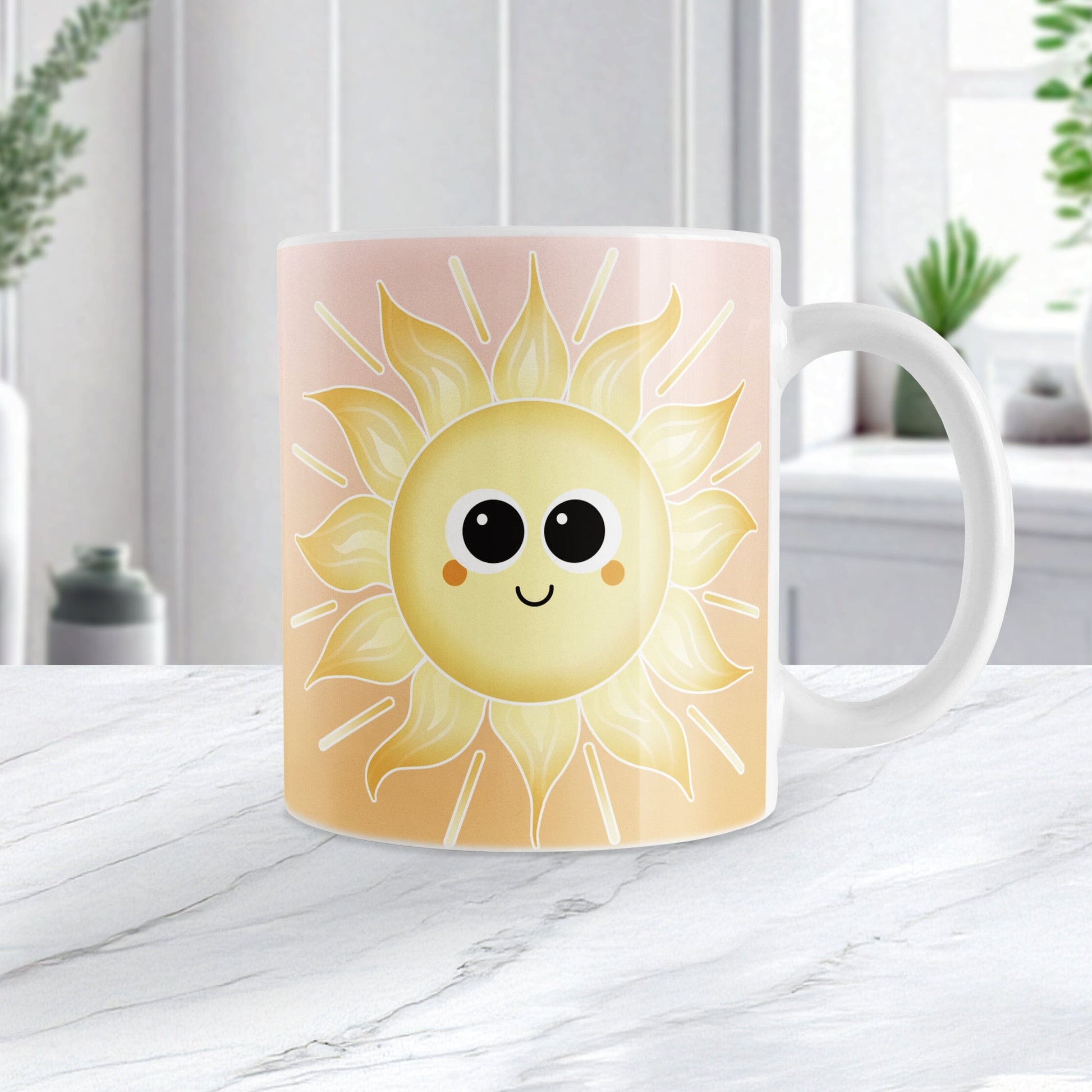 Happy Sun Sunrise Mug (11oz) at Amy's Coffee Mugs. A ceramic coffee mug designed with a cute and happy yellow smiling sun on both sides of the mug over a sunrise-inspired background with a gradient color progression from peach at the top to orange on the bottom. This warm background design wraps around the mug up to the handle. Image shows the mug on a white marble countertop.