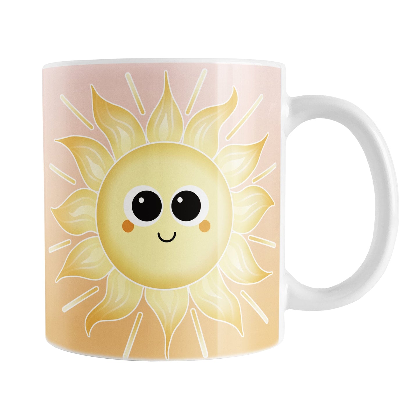 Happy Sun Sunrise Mug (11oz) at Amy's Coffee Mugs. A ceramic coffee mug designed with a cute and happy yellow smiling sun on both sides of the mug over a sunrise-inspired background with a gradient color progression from peach at the top to orange on the bottom. This warm background design wraps around the mug up to the handle. 