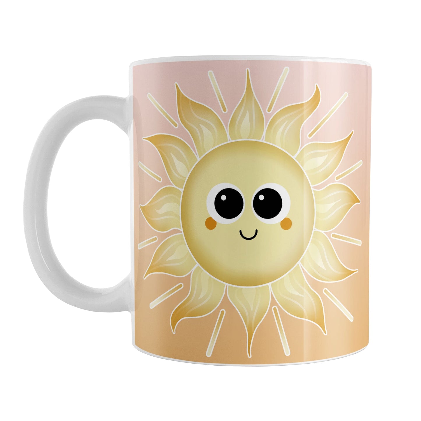 Happy Sun Sunrise Mug (11oz) at Amy's Coffee Mugs. A ceramic coffee mug designed with a cute and happy yellow smiling sun on both sides of the mug over a sunrise-inspired background with a gradient color progression from peach at the top to orange on the bottom. This warm background design wraps around the mug up to the handle. 