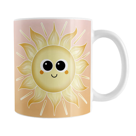 Happy Sun Sunrise Mug (11oz) at Amy's Coffee Mugs. A ceramic coffee mug designed with a cute and happy yellow smiling sun on both sides of the mug over a sunrise-inspired background with a gradient color progression from peach at the top to orange on the bottom. This warm background design wraps around the mug up to the handle. 
