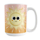 Happy Sun Sunrise Mug (15oz) at Amy's Coffee Mugs. A ceramic coffee mug designed with a cute and happy yellow smiling sun on both sides of the mug over a sunrise-inspired background with a gradient color progression from peach at the top to orange on the bottom. This warm background design wraps around the mug up to the handle. 