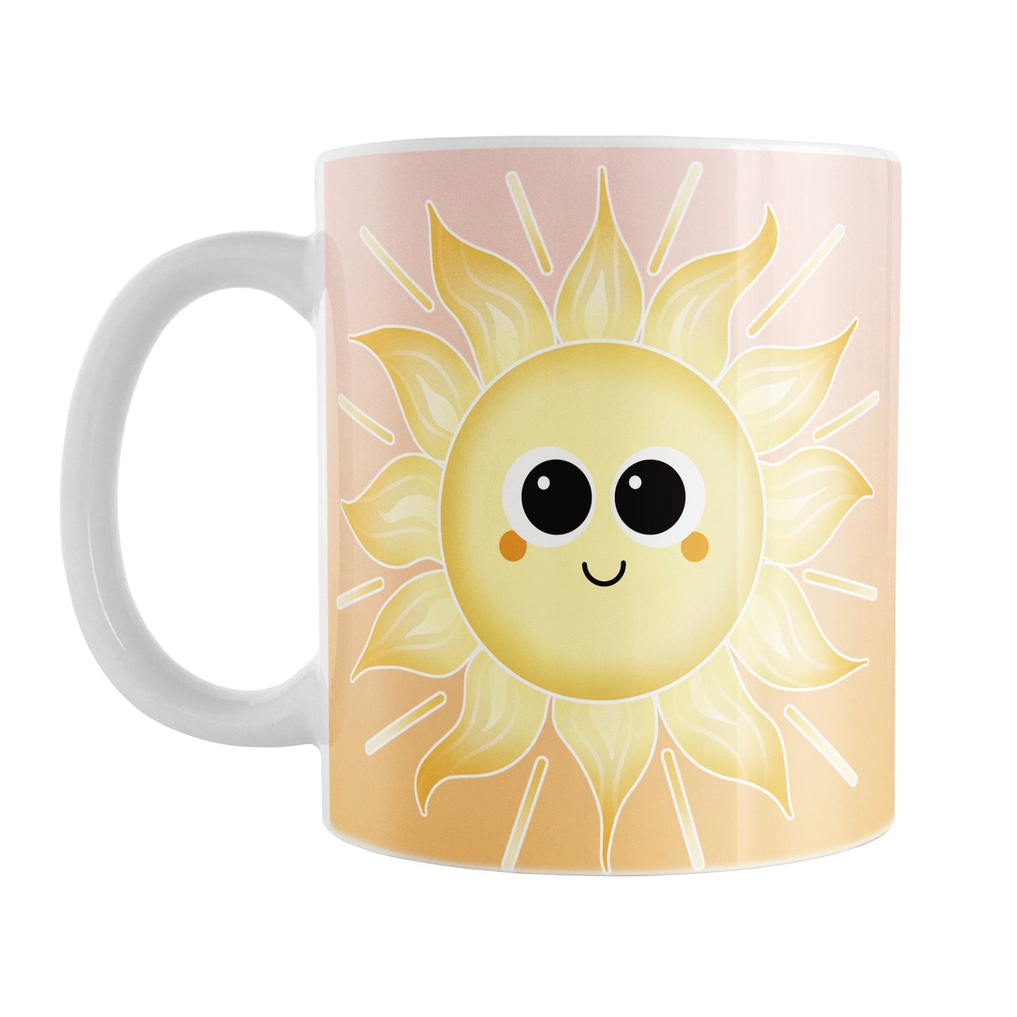Happy Sun Sunrise Mug (11oz) at Amy's Coffee Mugs. A ceramic coffee mug designed with a cute and happy yellow smiling sun on both sides of the mug over a sunrise-inspired background with a gradient color progression from peach at the top to orange on the bottom. This warm background design wraps around the mug up to the handle. 