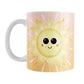Happy Sun Sunrise Mug (11oz) at Amy's Coffee Mugs. A ceramic coffee mug designed with a cute and happy yellow smiling sun on both sides of the mug over a sunrise-inspired background with a gradient color progression from peach at the top to orange on the bottom. This warm background design wraps around the mug up to the handle. 
