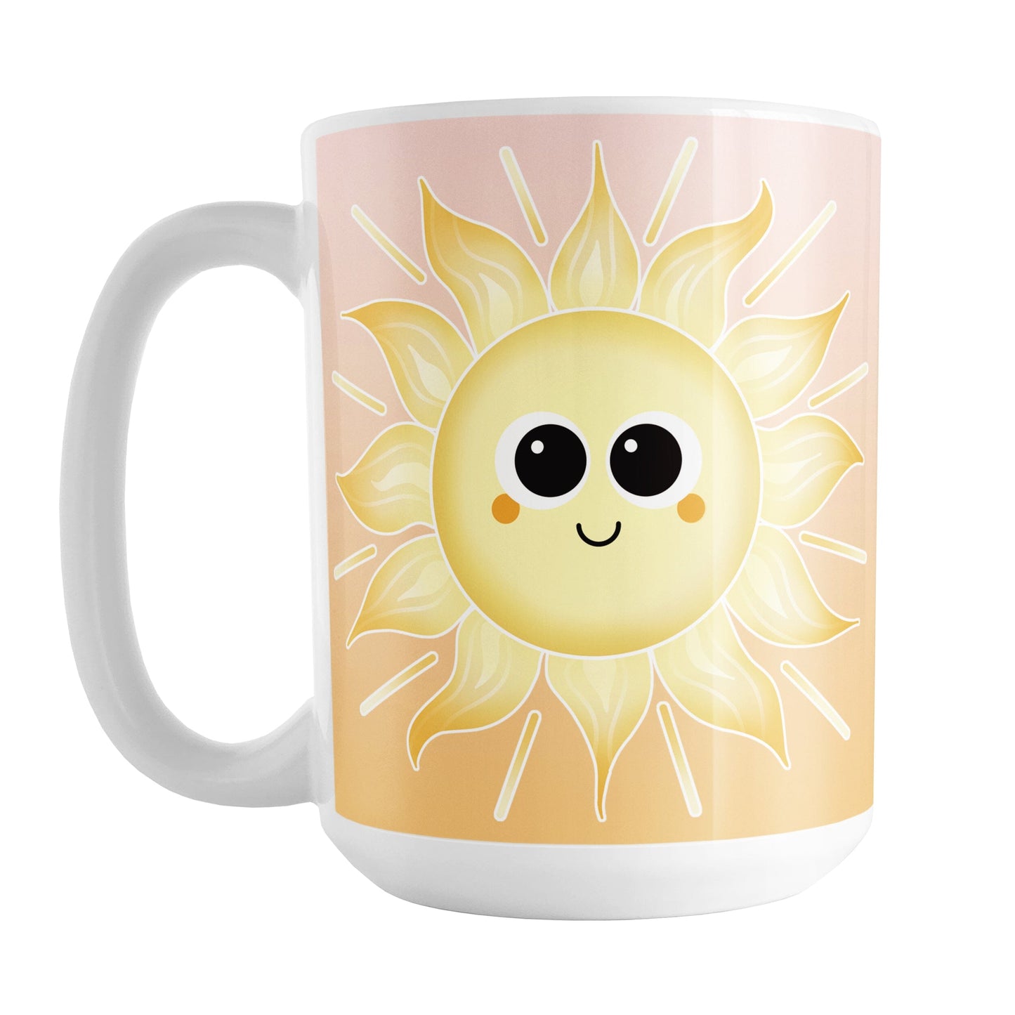 Happy Sun Sunrise Mug (15oz) at Amy's Coffee Mugs. A ceramic coffee mug designed with a cute and happy yellow smiling sun on both sides of the mug over a sunrise-inspired background with a gradient color progression from peach at the top to orange on the bottom. This warm background design wraps around the mug up to the handle. 