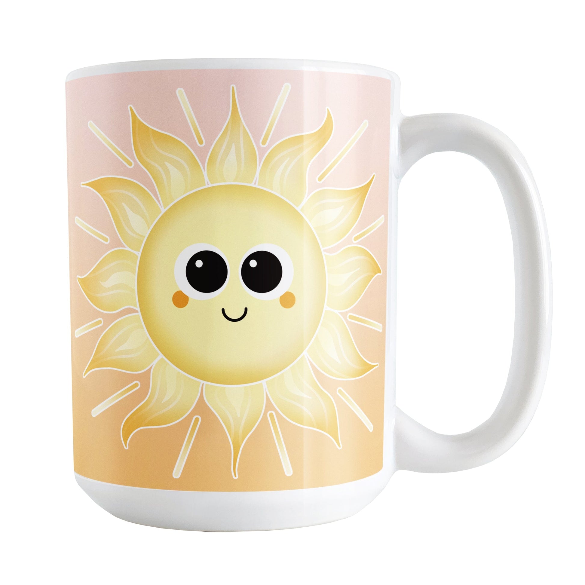 Happy Sun Sunrise Mug (15oz) at Amy's Coffee Mugs. A ceramic coffee mug designed with a cute and happy yellow smiling sun on both sides of the mug over a sunrise-inspired background with a gradient color progression from peach at the top to orange on the bottom. This warm background design wraps around the mug up to the handle. 