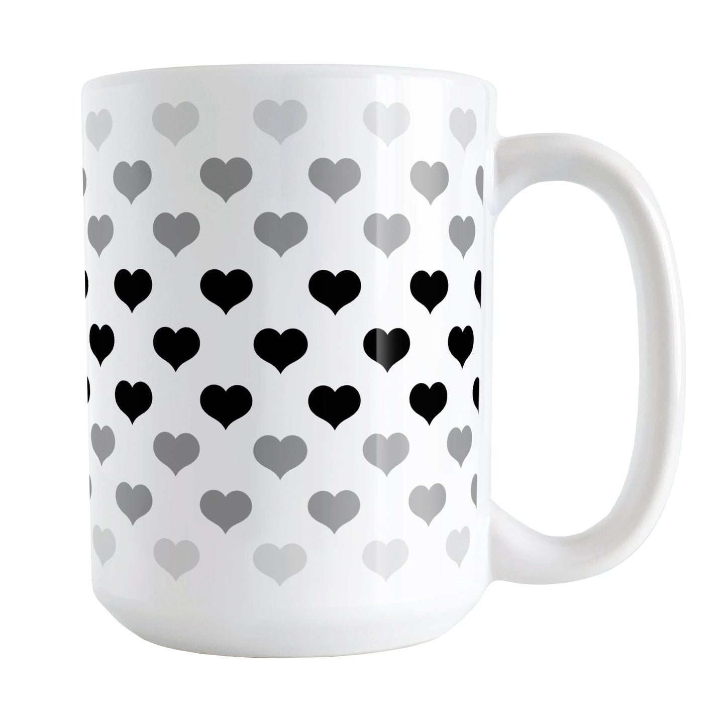 Hearts in Black Mug (15oz) at Amy's Coffee Mugs. A ceramic coffee mug designed with hearts in different shades of black and gray, with black across the middle and the lighter gray along the top and bottom, in a pattern that wraps around the mug to the handle. 