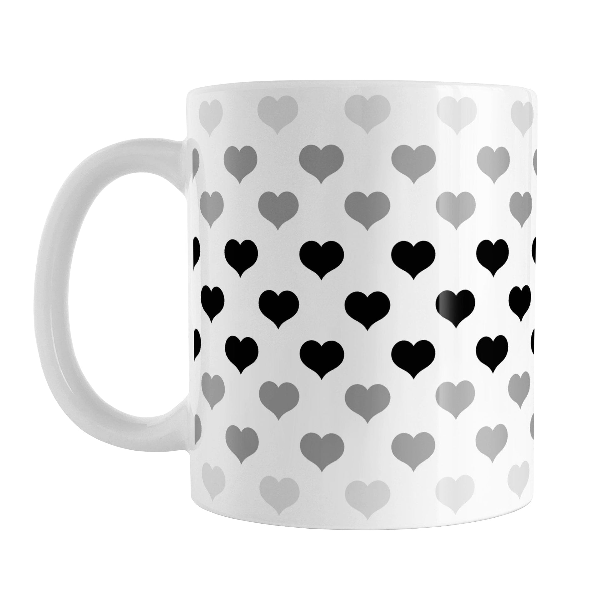 Hearts in Black Mug (11oz) at Amy's Coffee Mugs. A ceramic coffee mug designed with hearts in different shades of black and gray, with black across the middle and the lighter gray along the top and bottom, in a pattern that wraps around the mug to the handle. 