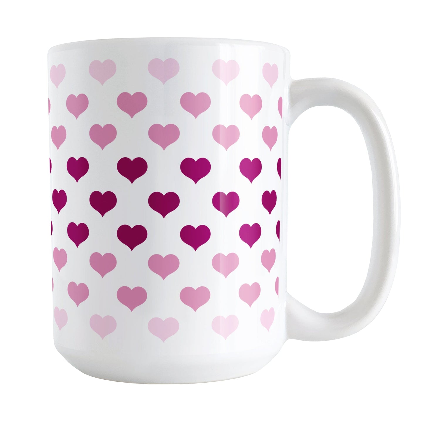 Hearts in Pink Mug (15oz) at Amy's Coffee Mugs. A ceramic coffee mug designed with hearts in different shades of pink, with the darker pink color across the middle and the lighter pink along the top and bottom, in a pattern that wraps around the mug to the handle. 