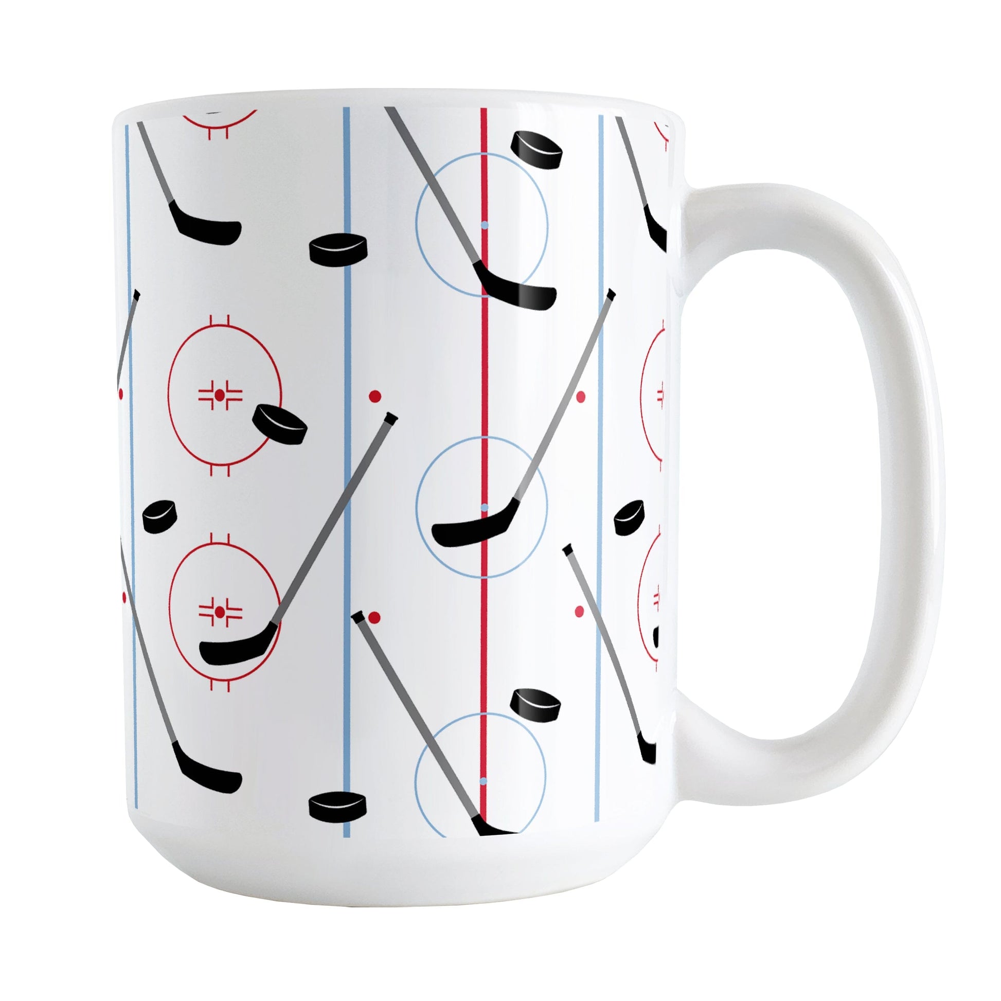 Hockey Rink Pattern Mug (15oz) at Amy's Coffee Mugs. A ceramic coffee mug designed with hockey rink red and blue lines, coupled with hockey sticks and hockey pucks, a pattern that wraps around the mug up to the handle.