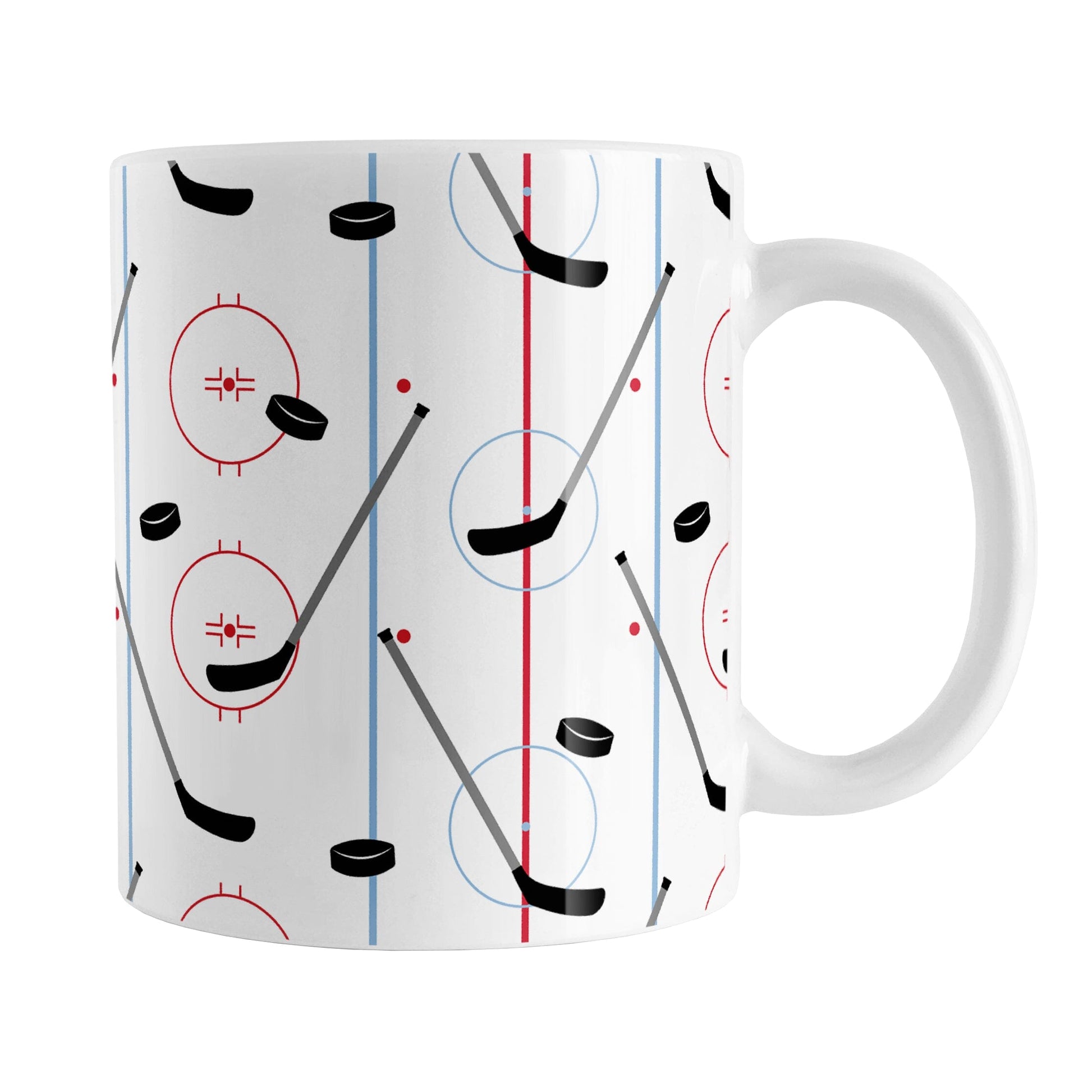 Hockey Rink Pattern Mug (11oz) at Amy's Coffee Mugs. A ceramic coffee mug designed with hockey rink red and blue lines, coupled with hockey sticks and hockey pucks, a pattern that wraps around the mug up to the handle.