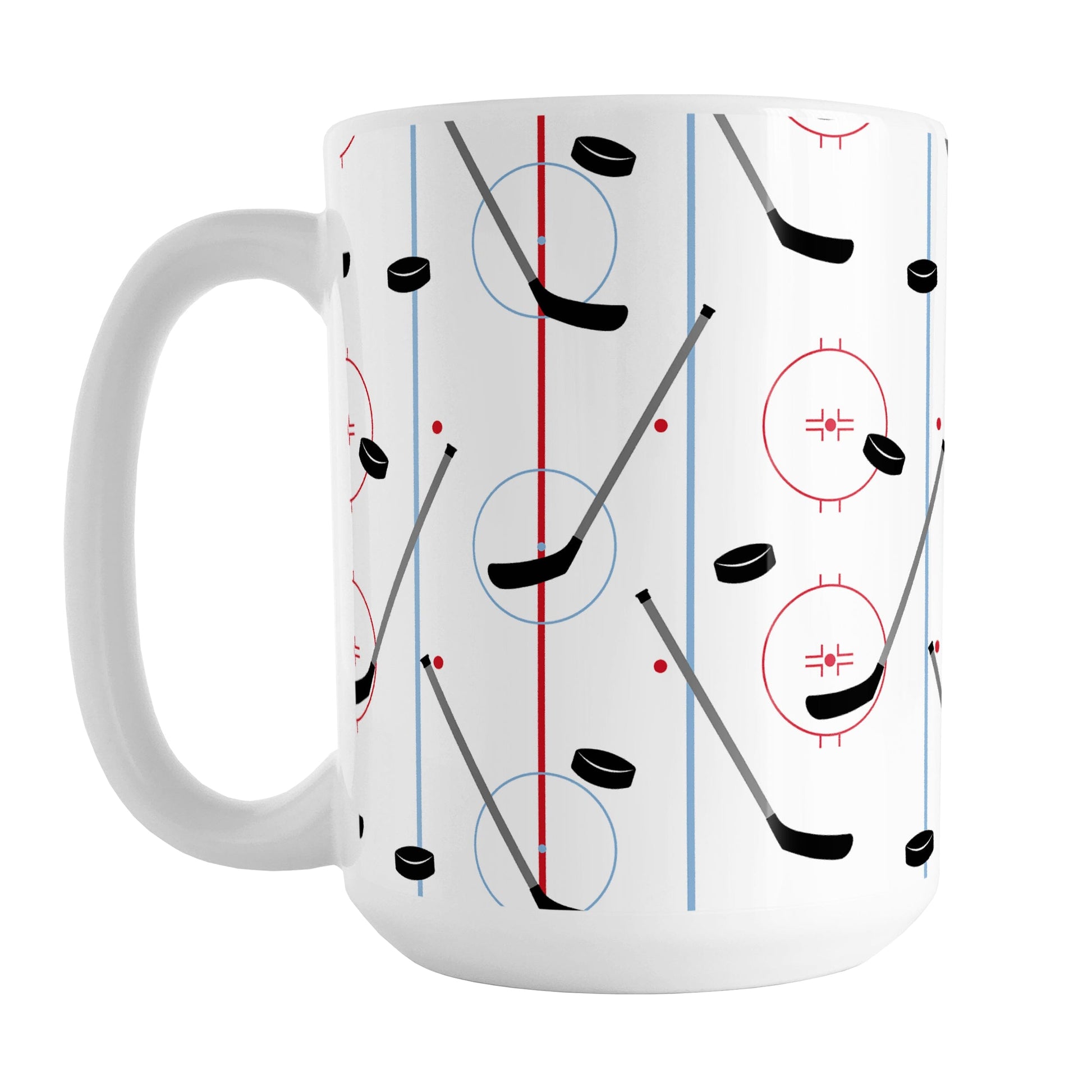 Hockey Rink Pattern Mug (15oz) at Amy's Coffee Mugs. A ceramic coffee mug designed with hockey rink red and blue lines, coupled with hockey sticks and hockey pucks, a pattern that wraps around the mug up to the handle.